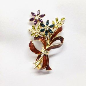 Signed Monet Enamel and Rhinestone Flower Brooch